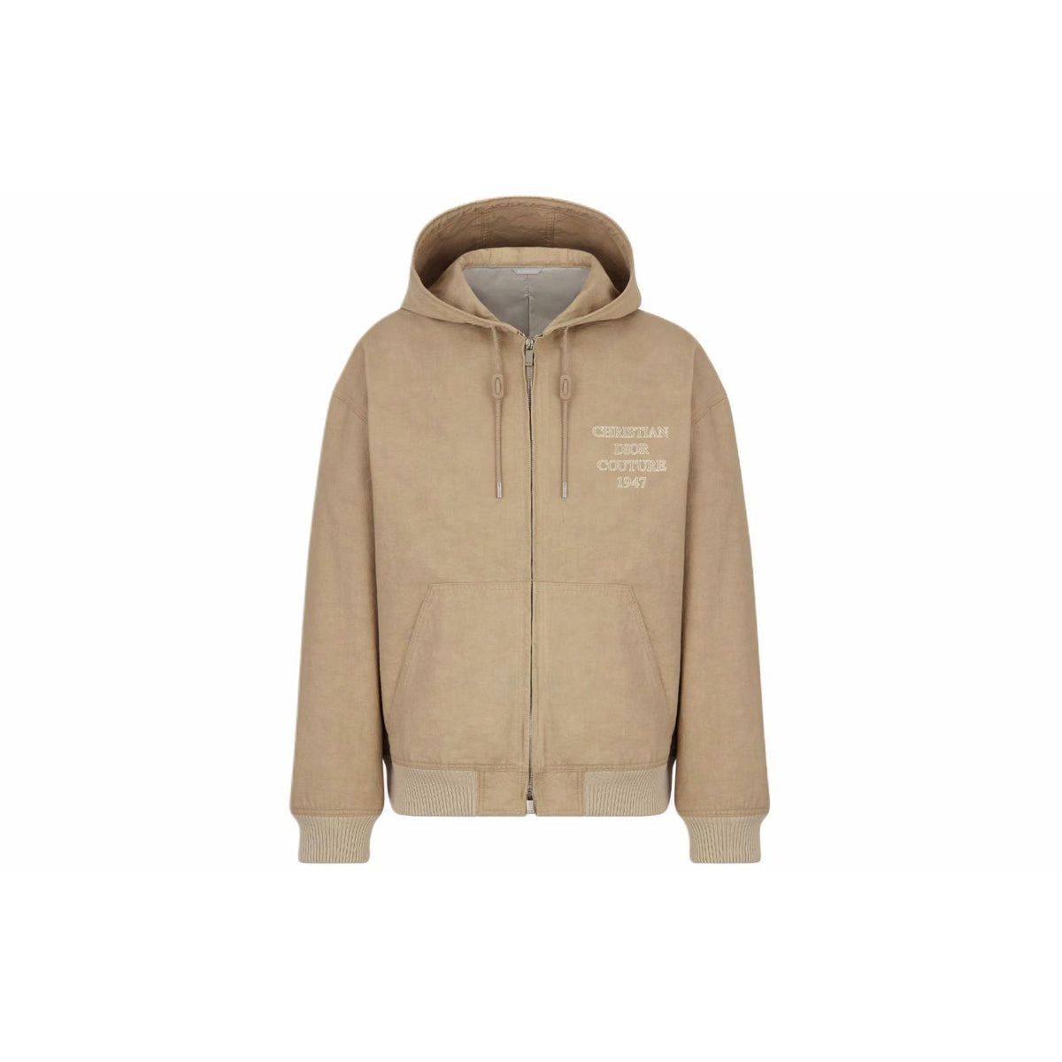 Dior SS24 Logo Embroidered Hooded Zip Jacket Beige front view