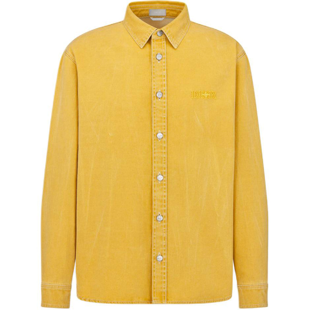 Dior FW24 Stone Island Collaboration Logo Letter Logo Embroidered Button-Front Long-Sleeve Shirt Yellow front view