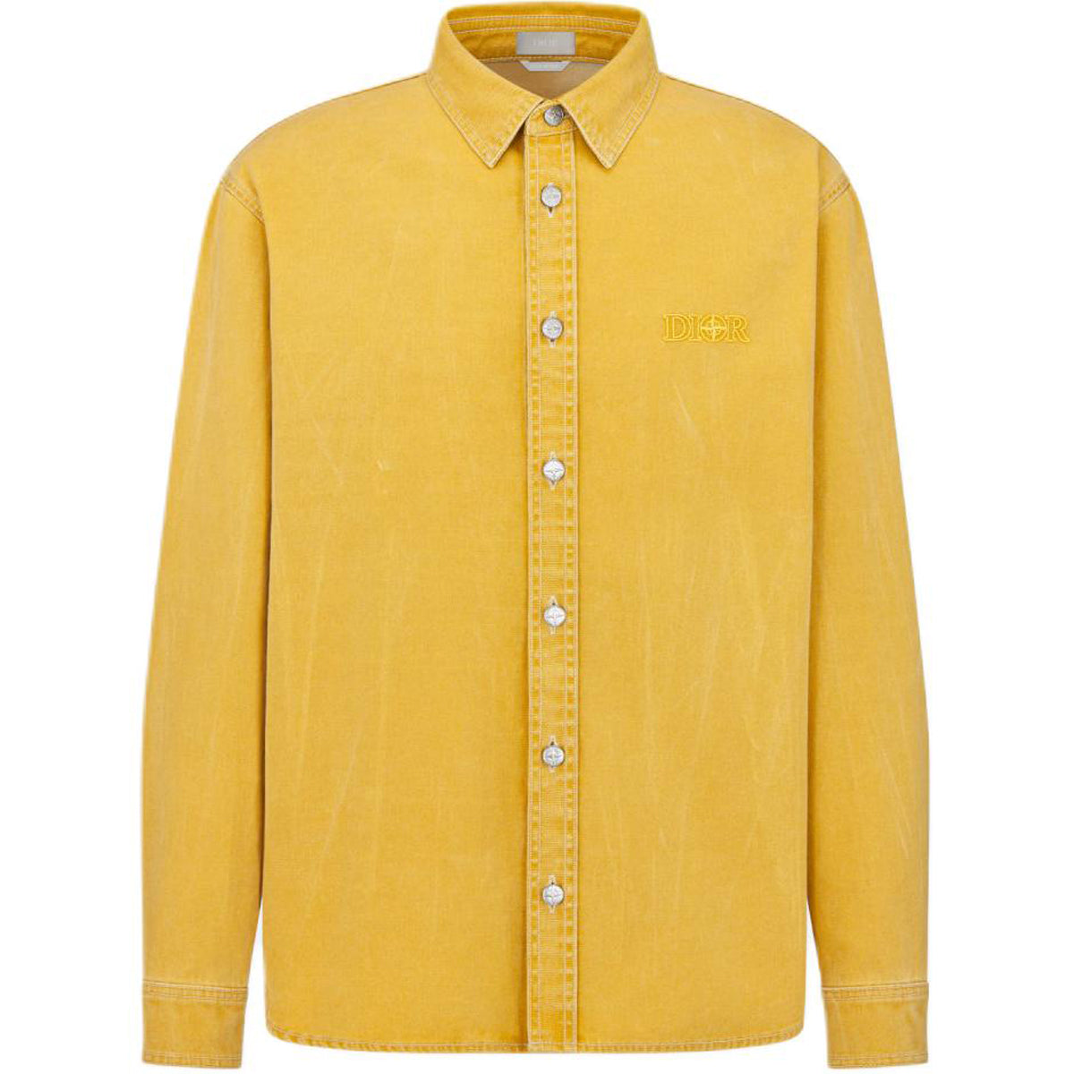 Dior FW24 Stone Island Collaboration Logo Letter Logo Embroidered Button-Front Long-Sleeve Shirt Yellow front view