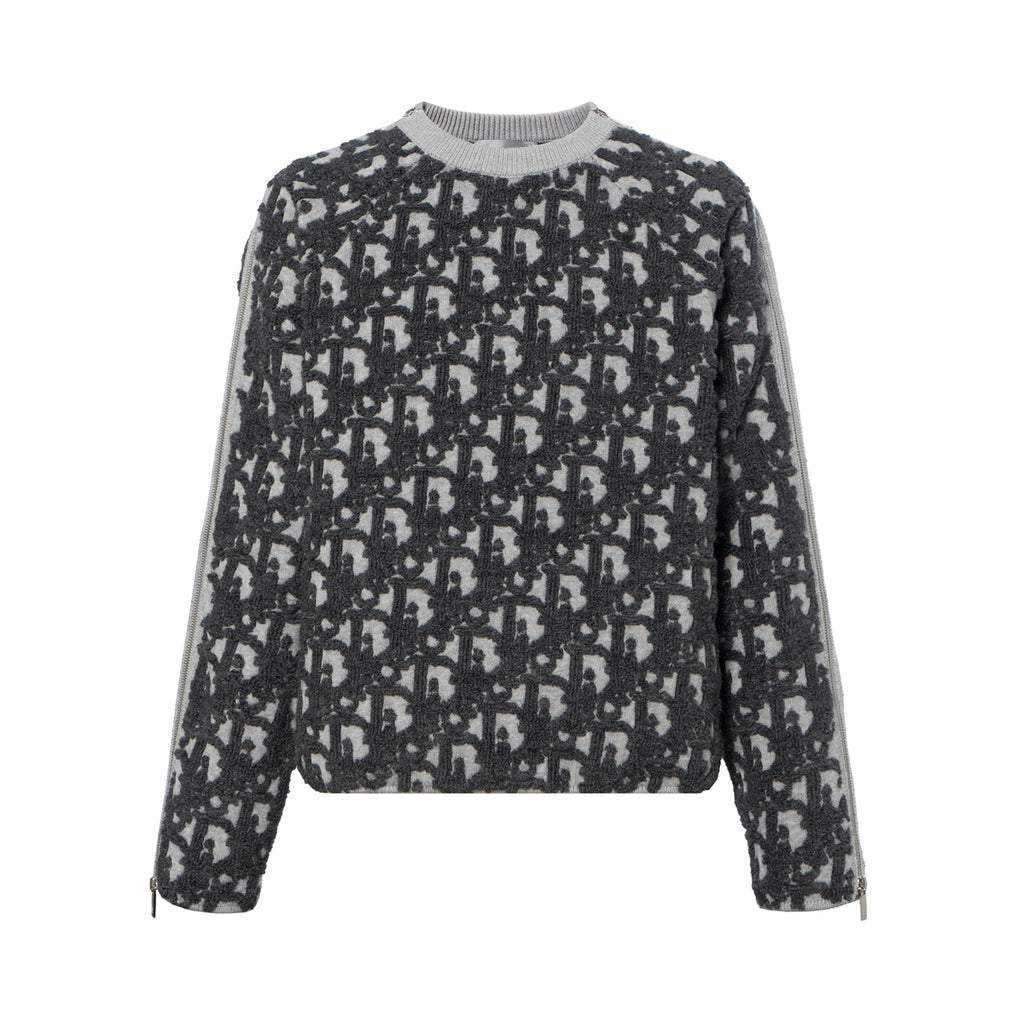 Dior FW25 Oblique Print Crew-Neck Knit Sweater Gray front view