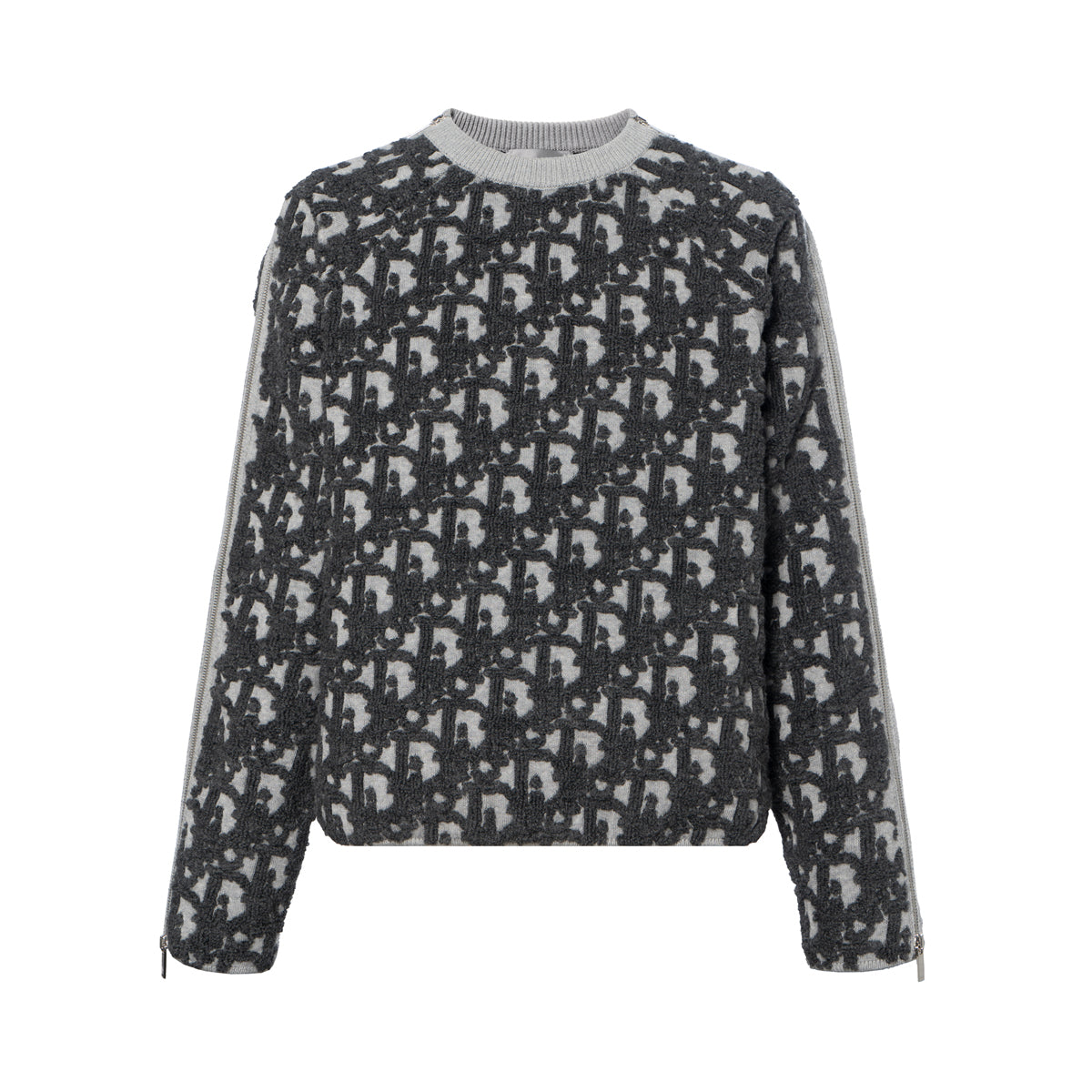 Dior FW25 Oblique Print Crew-Neck Knit Sweater Gray front view