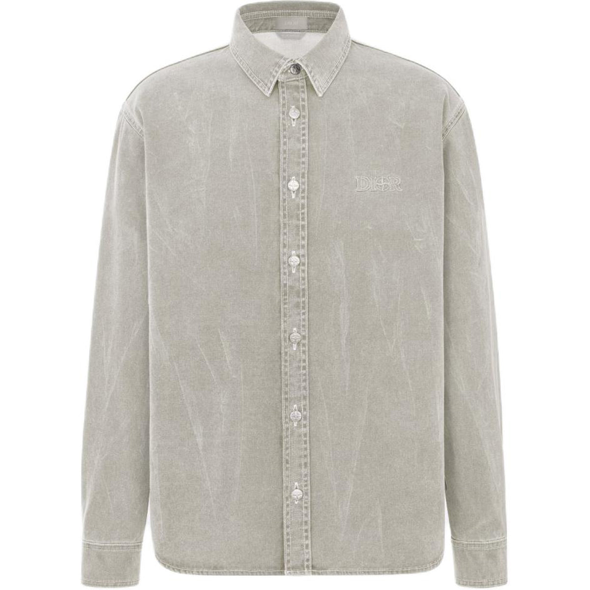 Dior FW24 Stone Island Collaboration Logo Letter Logo Embroidered Button-Front Long-Sleeve Shirt Taupe front view