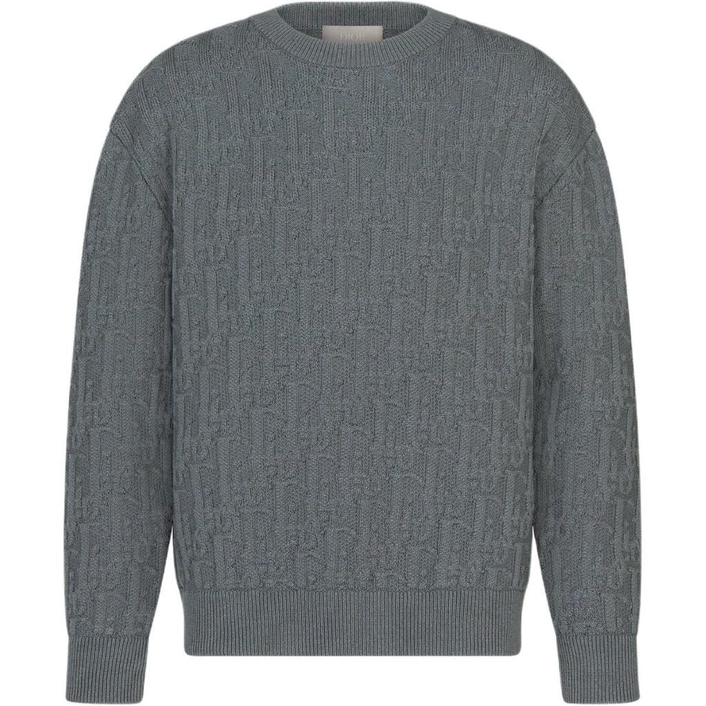Dior SS25 Oblique Print Crew-Neck Knit Sweater Gray front view