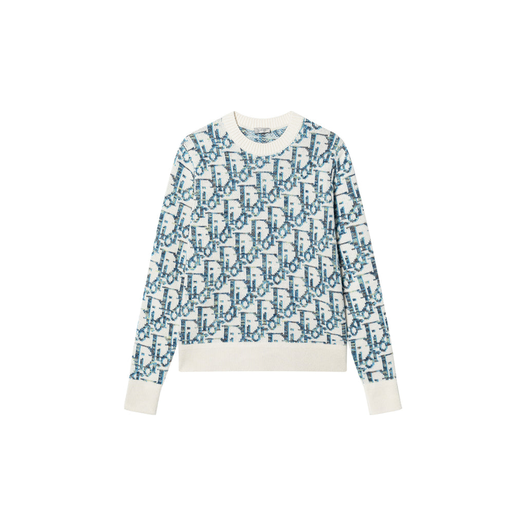 Dior SS25 Oblique Jacquard Print Knit Sweater Blue front view