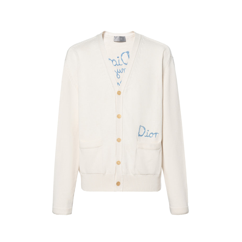 Dior SS25 Hylton Nel Collaboration Letter Logo Print Button-Front Knit Sweater Beige front view