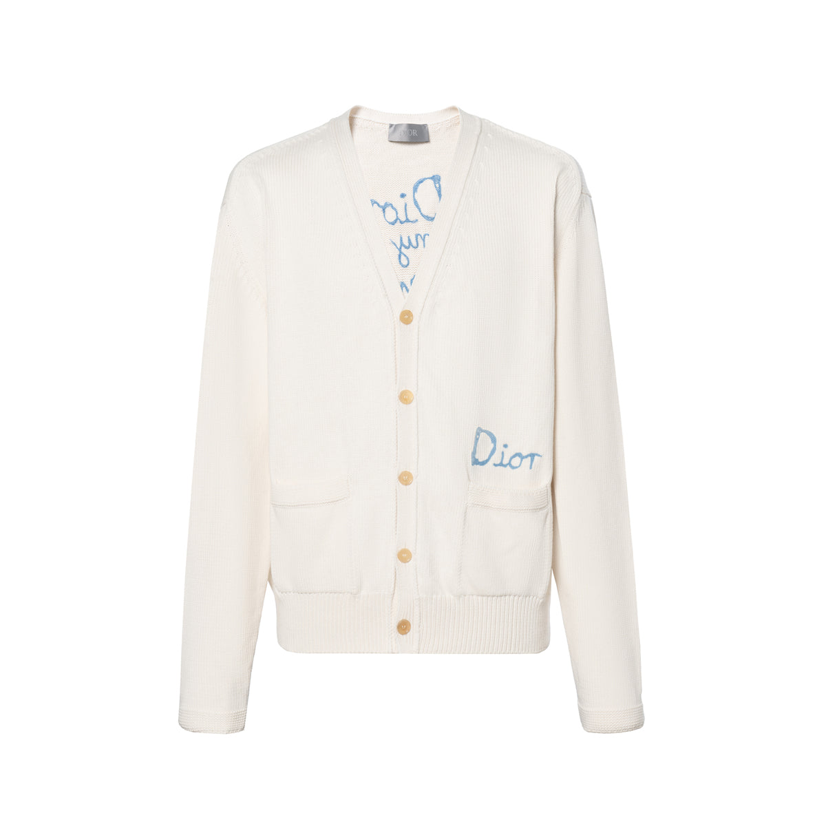 Dior SS25 Hylton Nel Collaboration Letter Logo Print Button-Front Knit Sweater Beige front view