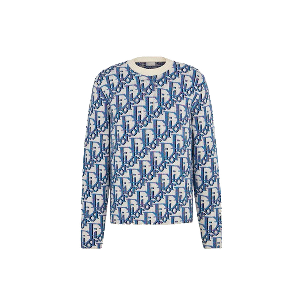 Dior Stussy Collaboration Letter Logo Crew-Neck Knit Sweater Blue front view