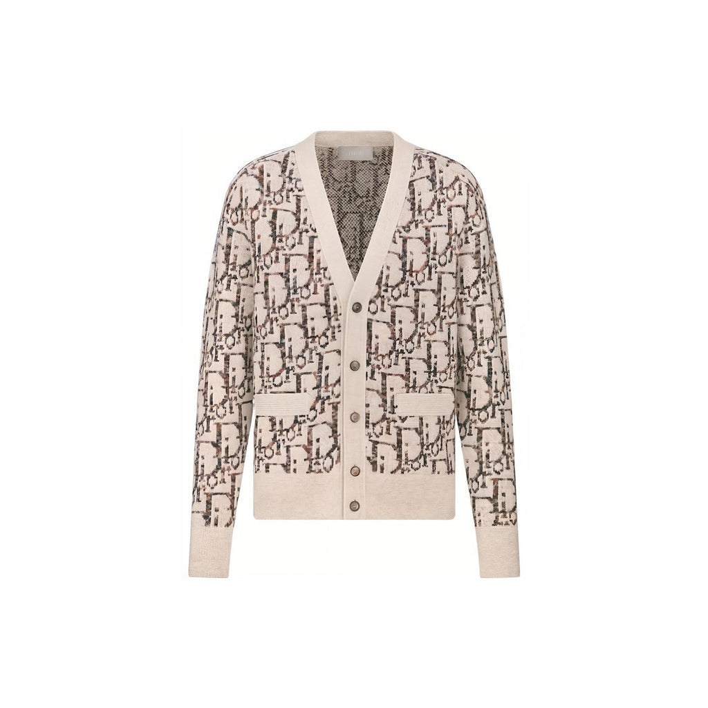 Dior FW23 Oblique Jacquard Print V-Neck Knit Sweater Khaki front view