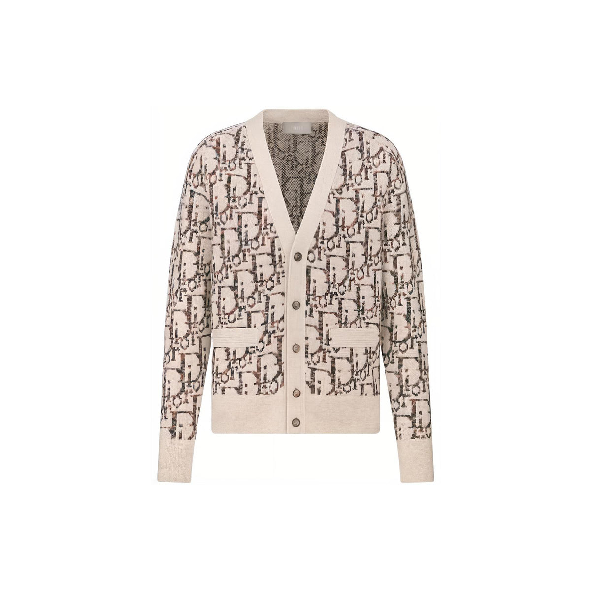Dior FW23 Oblique Jacquard Print V-Neck Knit Sweater Khaki front view