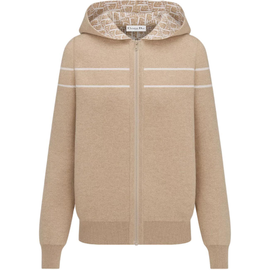 Dior SS25 Oblique Print Reversible Hooded Knit Sweater Khaki front view