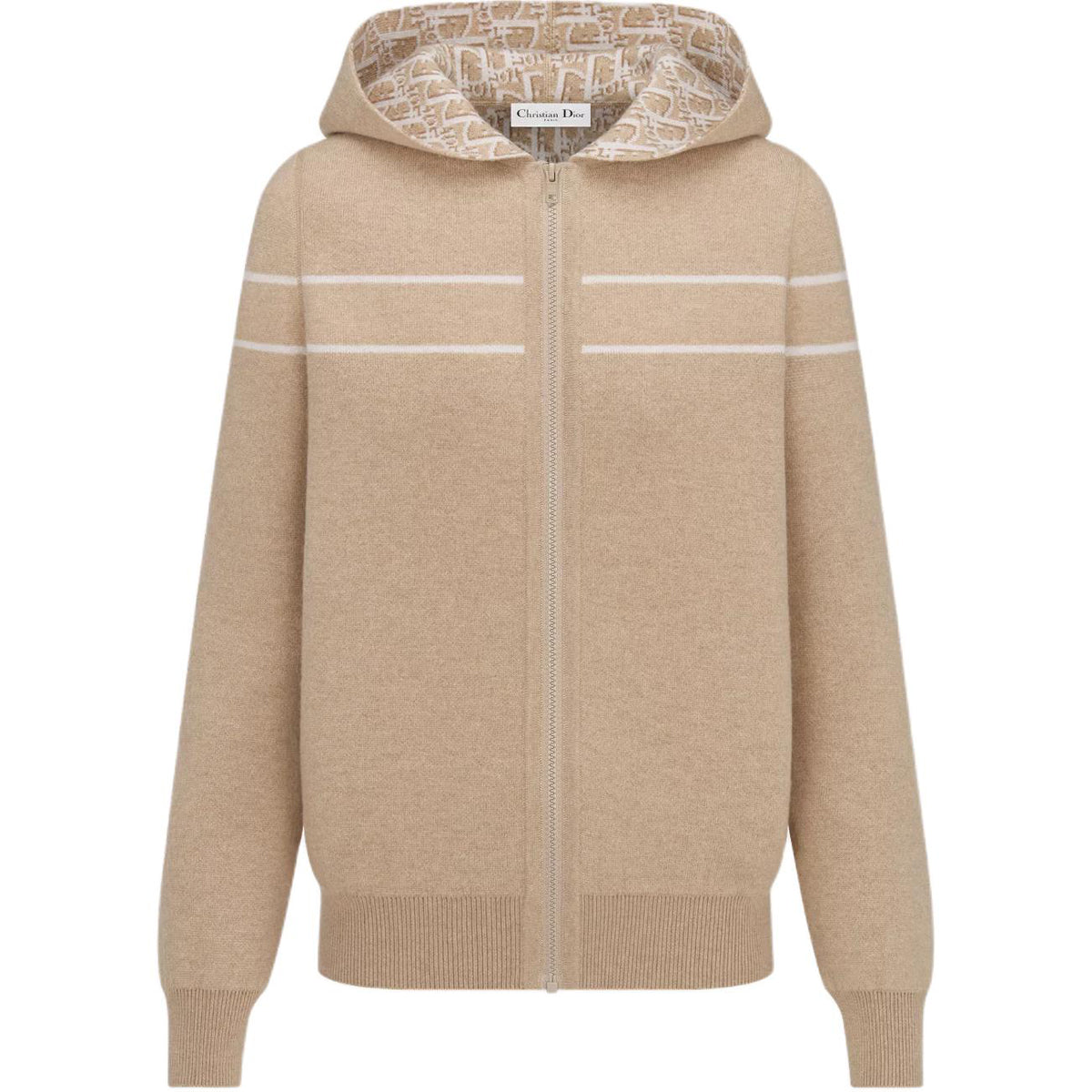Dior SS25 Oblique Print Reversible Hooded Knit Sweater Khaki front view