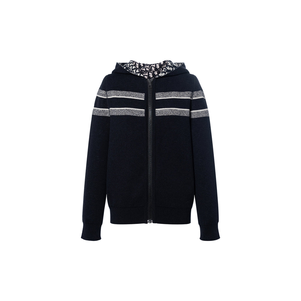 Dior Oblique Print Reversible Hooded Hoodie Navy Blue front view