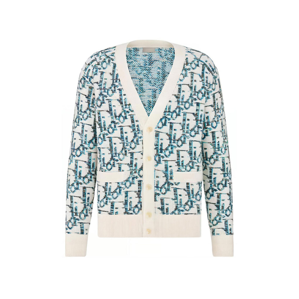 Dior SS25 Oblique Jacquard Print V-Neck Knit Sweater Blue front view
