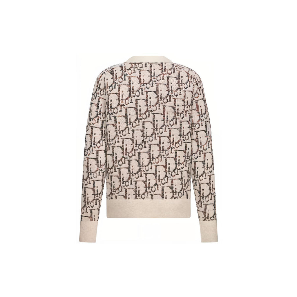 Dior FW23 Oblique Jacquard Print V-Neck Knit Sweater Khaki back view