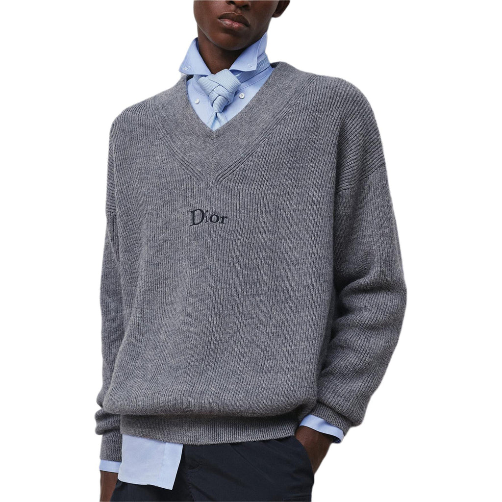 Dior Logo Embroidered Ribbed V-Neck Sweater