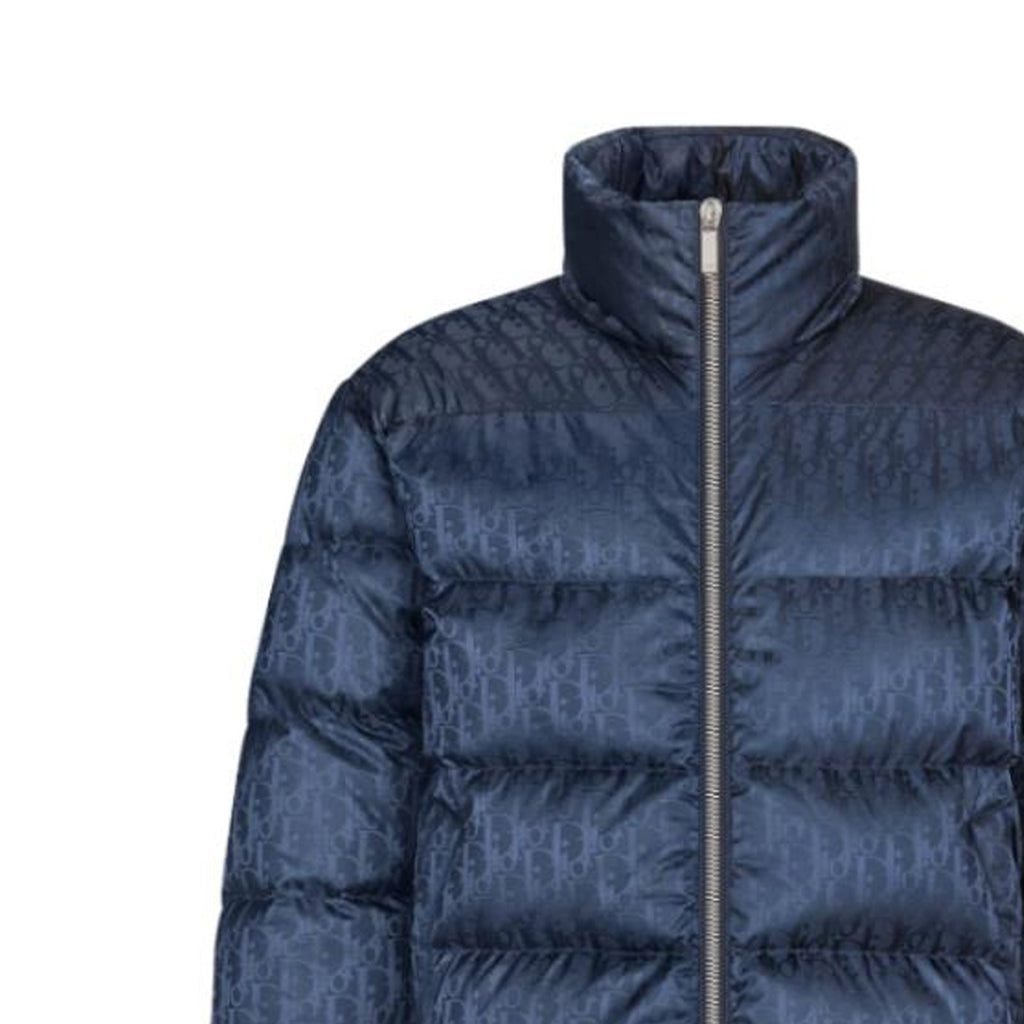 Dior FW21 Oblique Print Stand-Collar Down Jacket Navy Blue back view