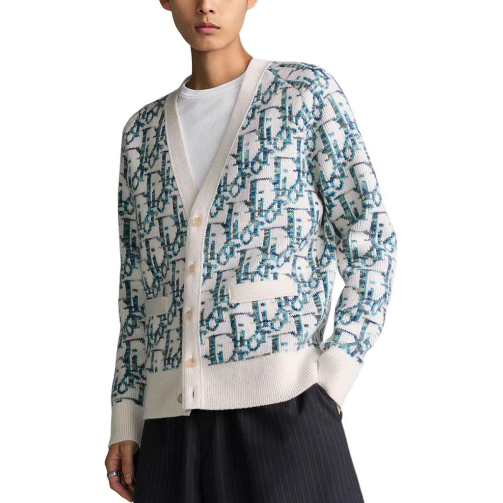 Dior SS25 Oblique Jacquard Print V-Neck Knit Sweater Blue back view