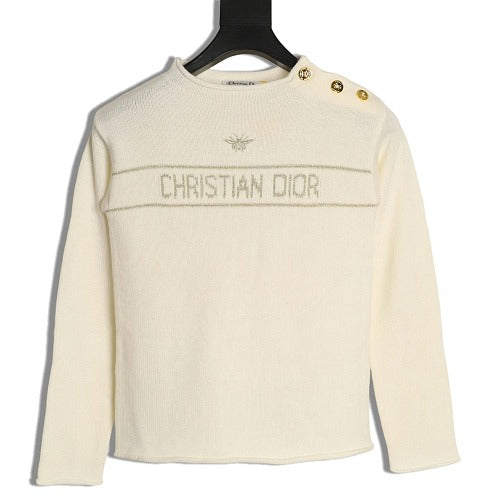 Dior bee embroidered button-shoulder knit top ivory front
