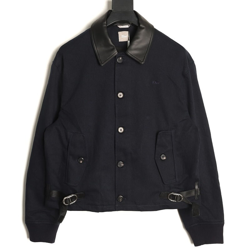 Dior CD buckle leather-collar gabardine jacket navy front