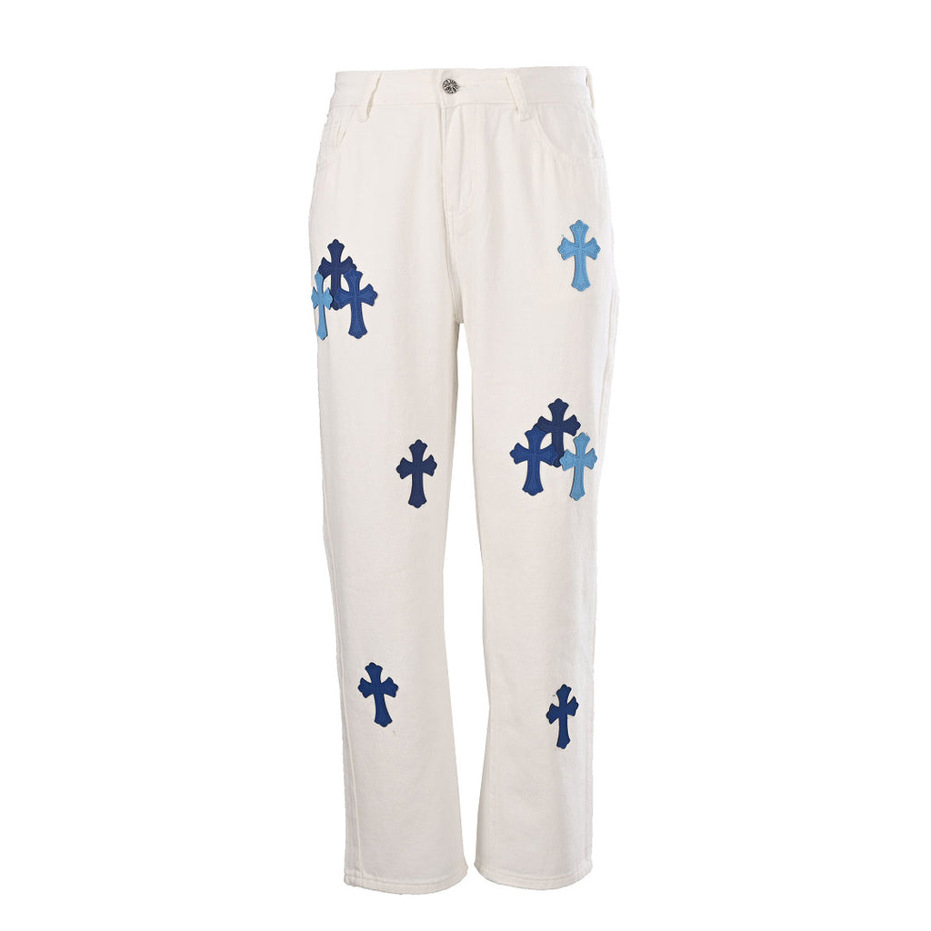 Chrome Hearts Cross Patch Embroidery Jeans - White - front view
