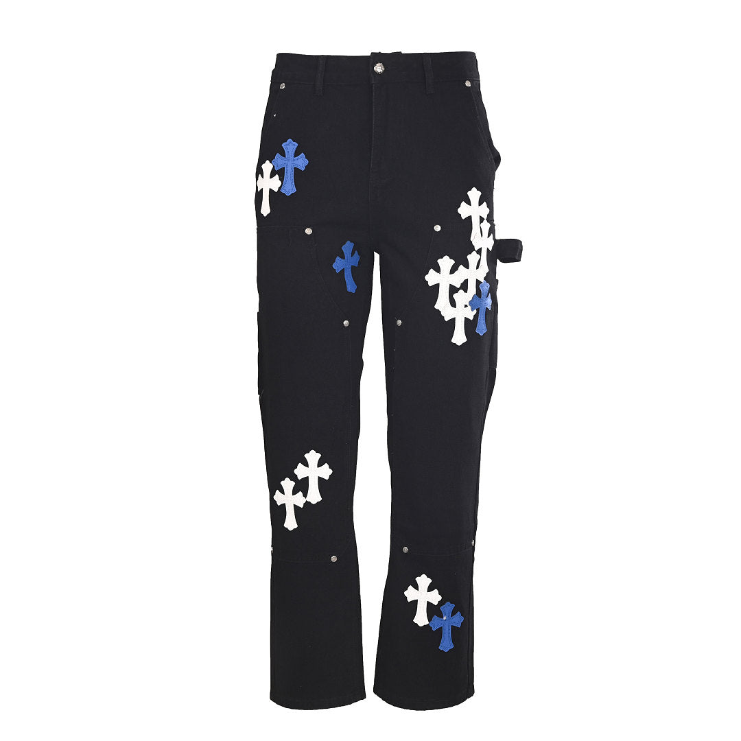 Chrome Hearts Cross Patch Embroidery Jeans - Black with Blue and White - front view