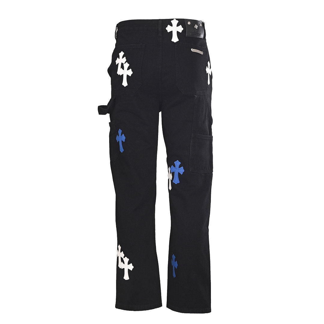 Chrome Hearts Cross Patch Embroidery Jeans - Black with Blue and White - back view