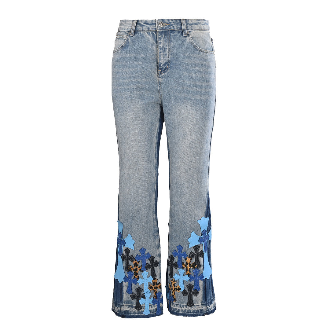 Chrome Hearts Cross Patch Embroidery Jeans - Light Blue with Blue and Black - front view