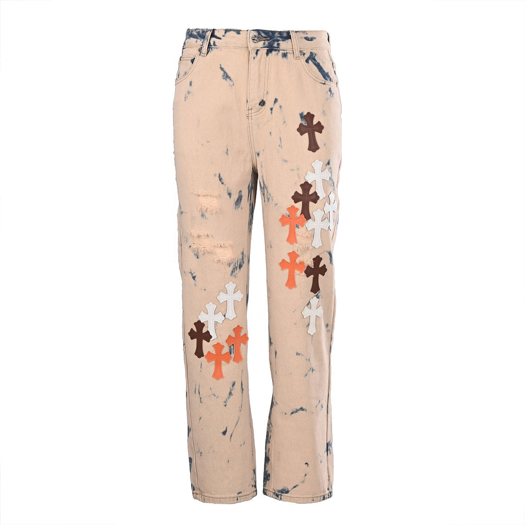 Chrome Hearts Cross Patch Embroidery Jeans - Beige - front view