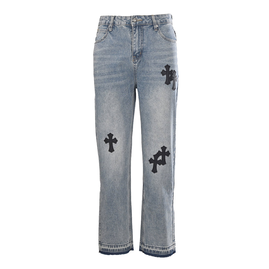 Chrome Hearts Cross Patch Embroidery Jeans - Light Blue with Black - front view