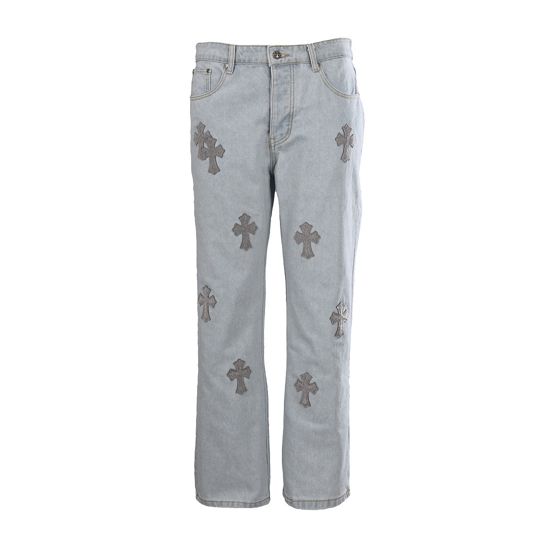 Chrome Hearts Leather-Patch Flared Jeans - Navy - front view