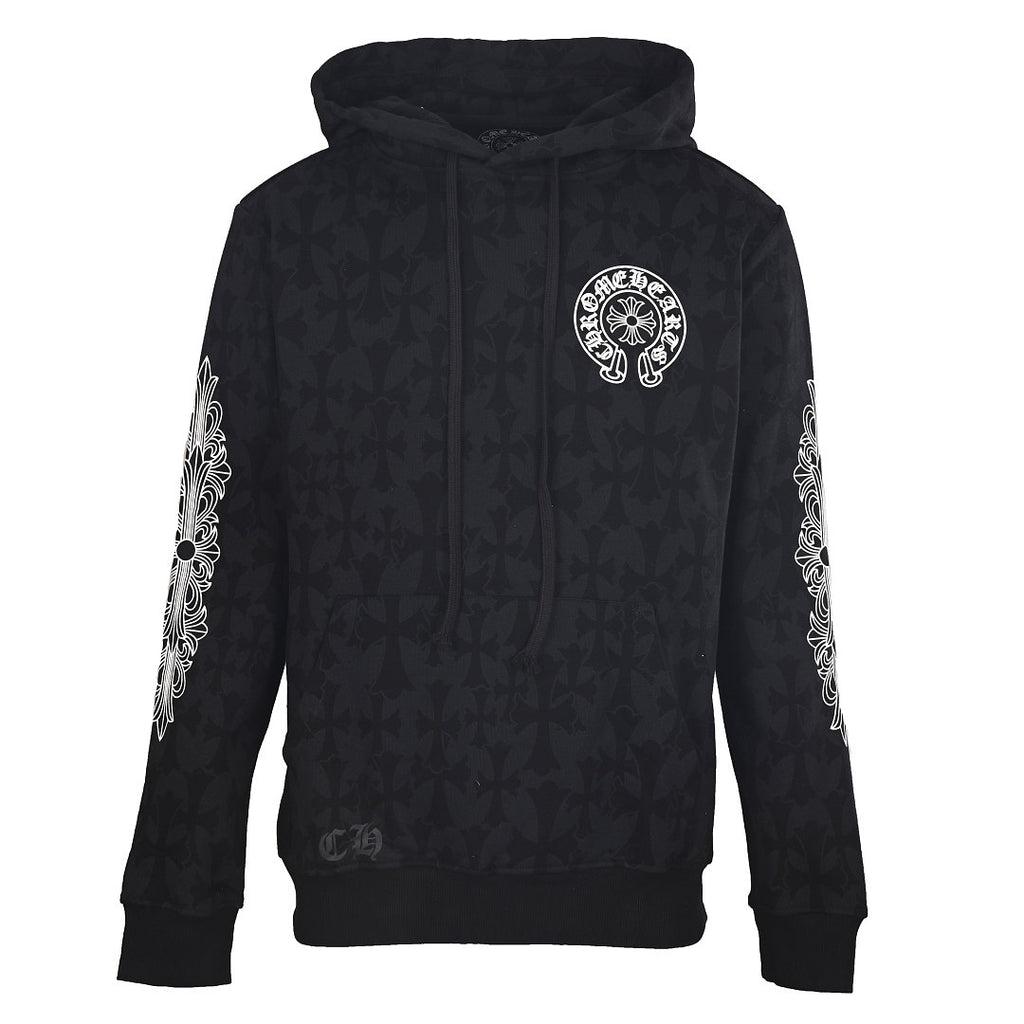 Chrome Hearts Tonal All-Over Cross Pullover Hoodie - Black - front view