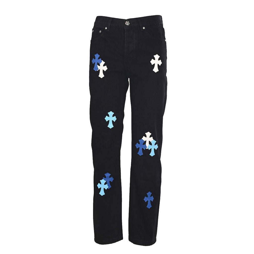 Chrome Hearts Cross Patch Embroidery Jeans II - Black with Blue and White - front view