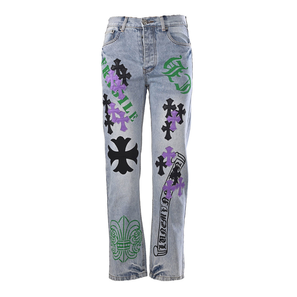Chrome Hearts Cross Patch Embroidery Jeans - Light Blue and Multicolor - front view