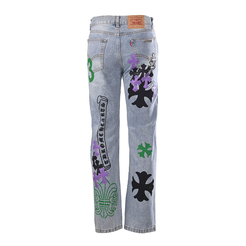 Chrome Hearts Cross Patch Embroidery Jeans - Light Blue and Multicolor - back view