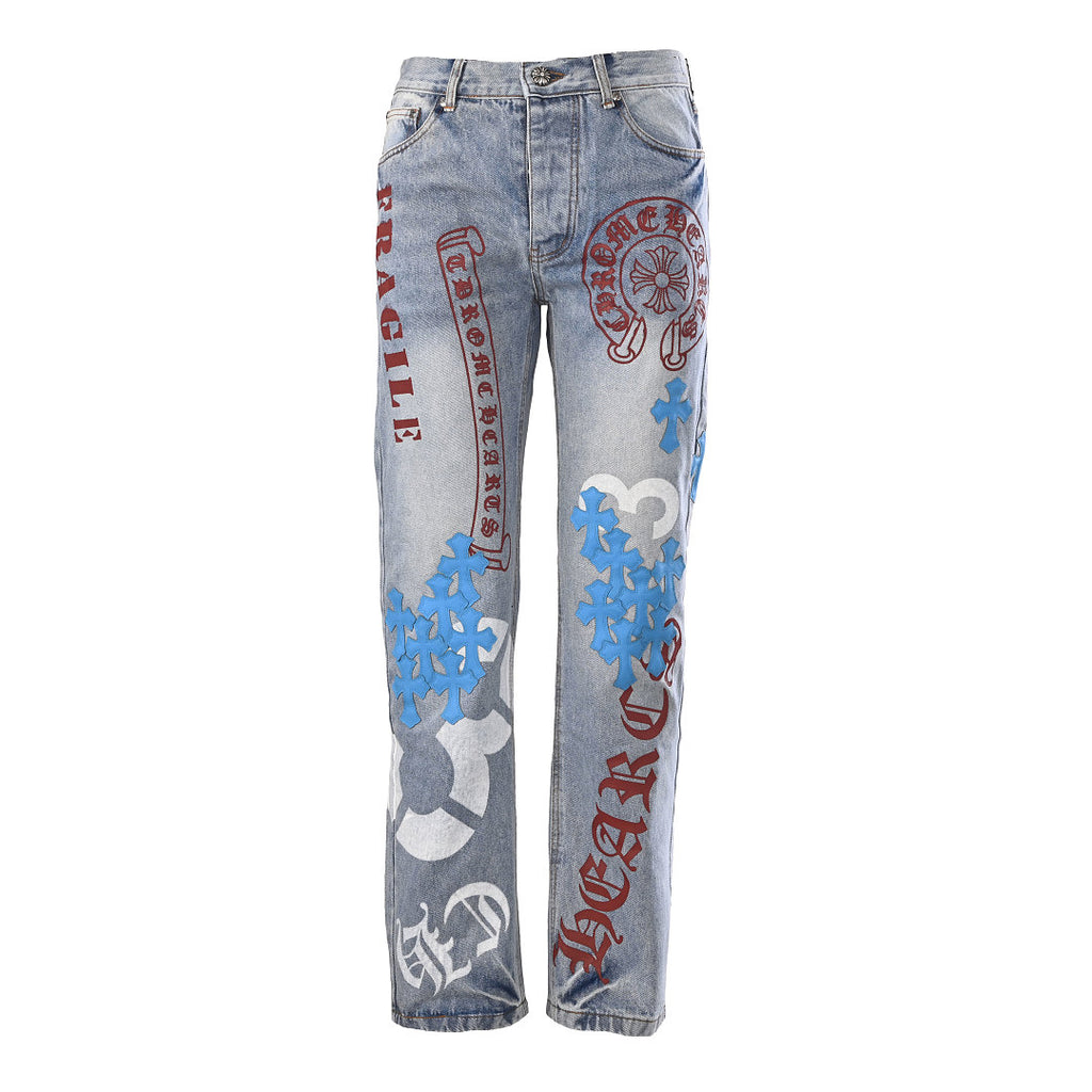 Chrome Hearts Cross Patch Embroidery Jeans - Light Blue with Red and Blue - front view