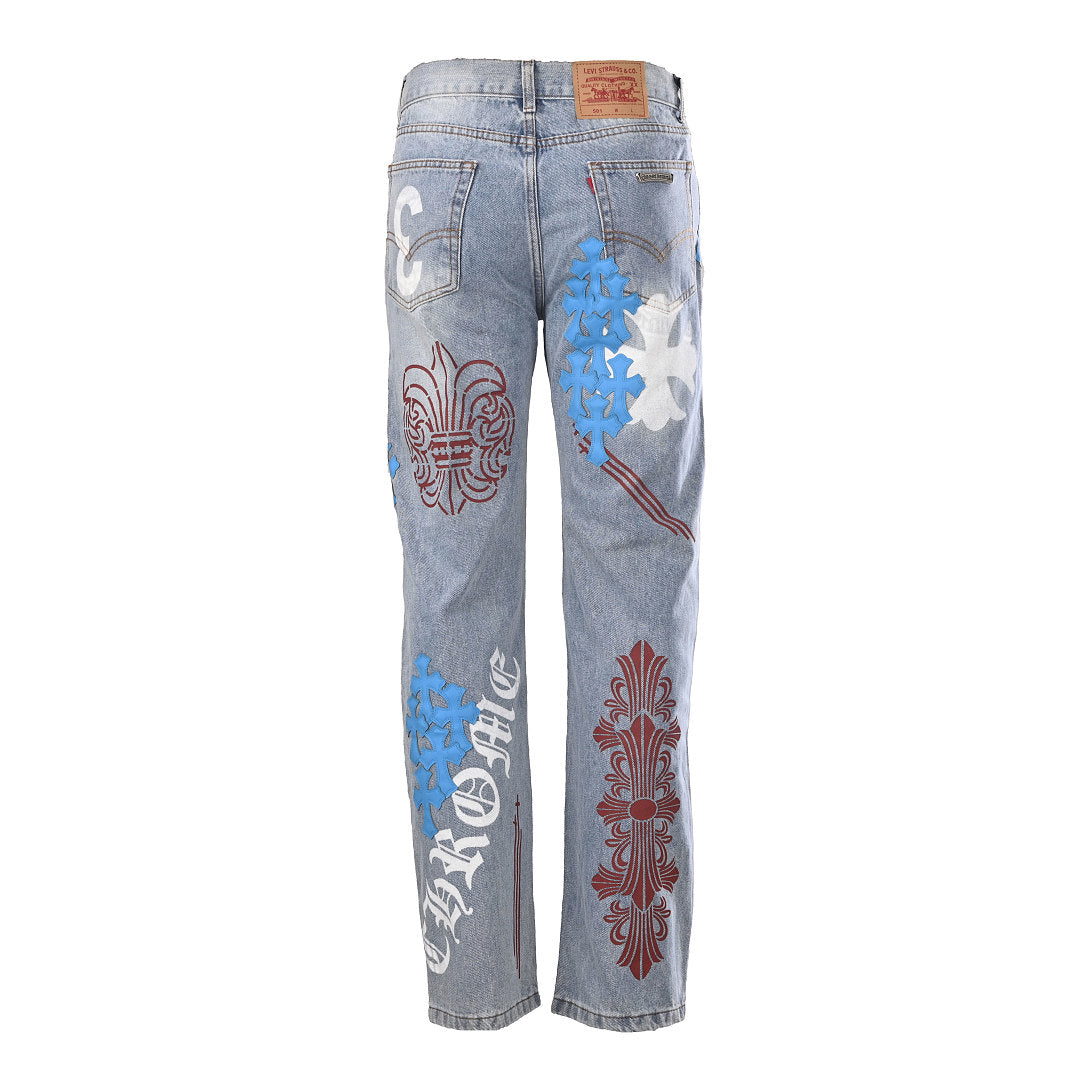 Chrome Hearts Cross Patch Embroidery Jeans - Light Blue with Red and Blue - back view