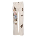 Chrome Hearts Cross Patch Embroidery Jeans - White with Brown - front view
