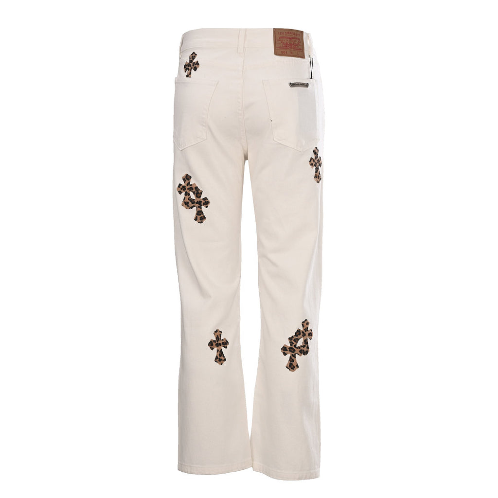 Chrome Hearts Cross Patch Embroidery Jeans - White with Brown - back view