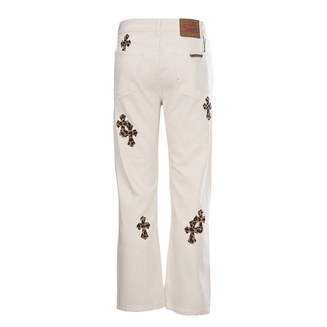 Chrome Hearts Cross Patch Embroidery Jeans - White with Brown - back view