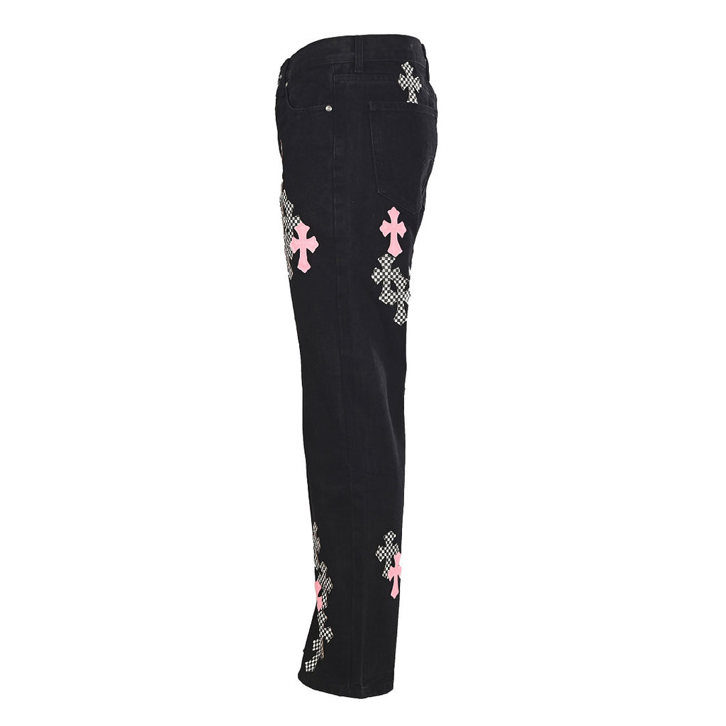 Chrome Hearts Pink and Checkered Cross Patch Jeans - Black - back view
