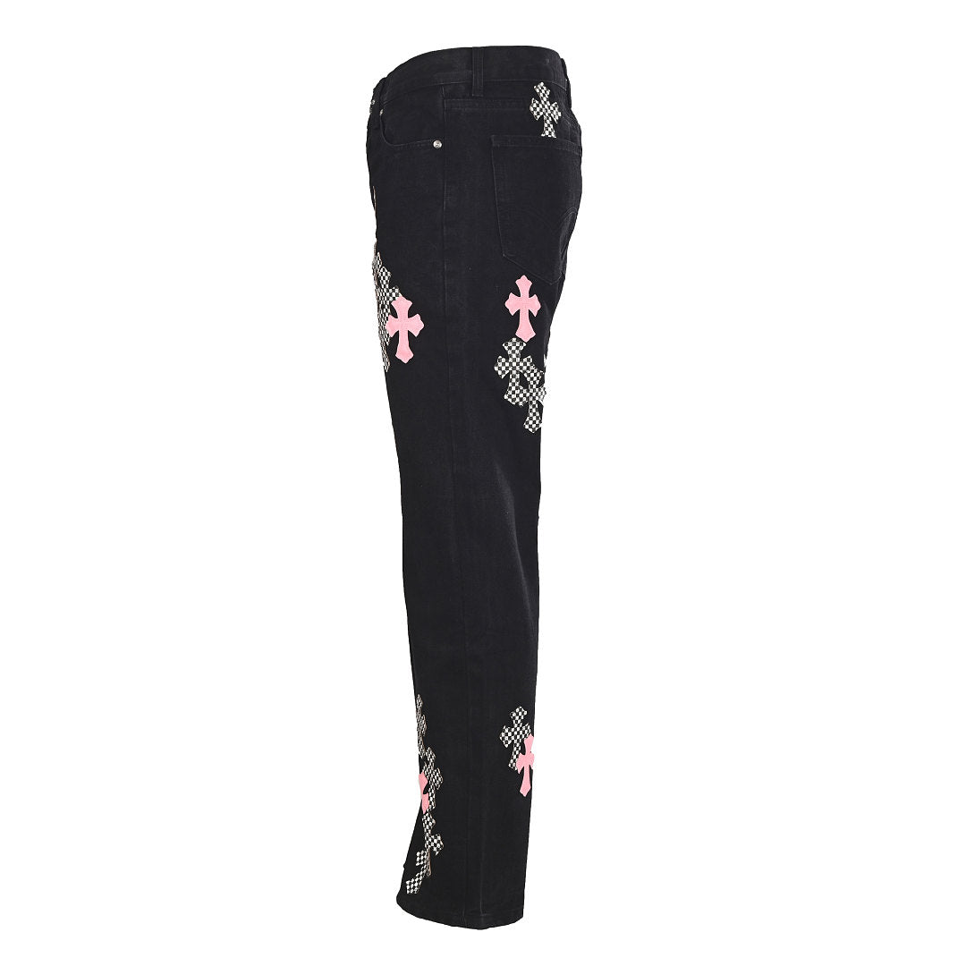 Chrome Hearts Pink and Checkered Cross Patch Jeans - Black - back view