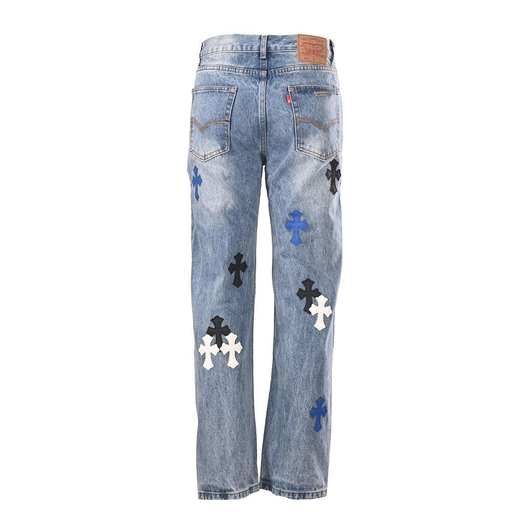 Chrome Hearts Cross Patch Embroidery Jeans - Light Blue with Black and White - back view