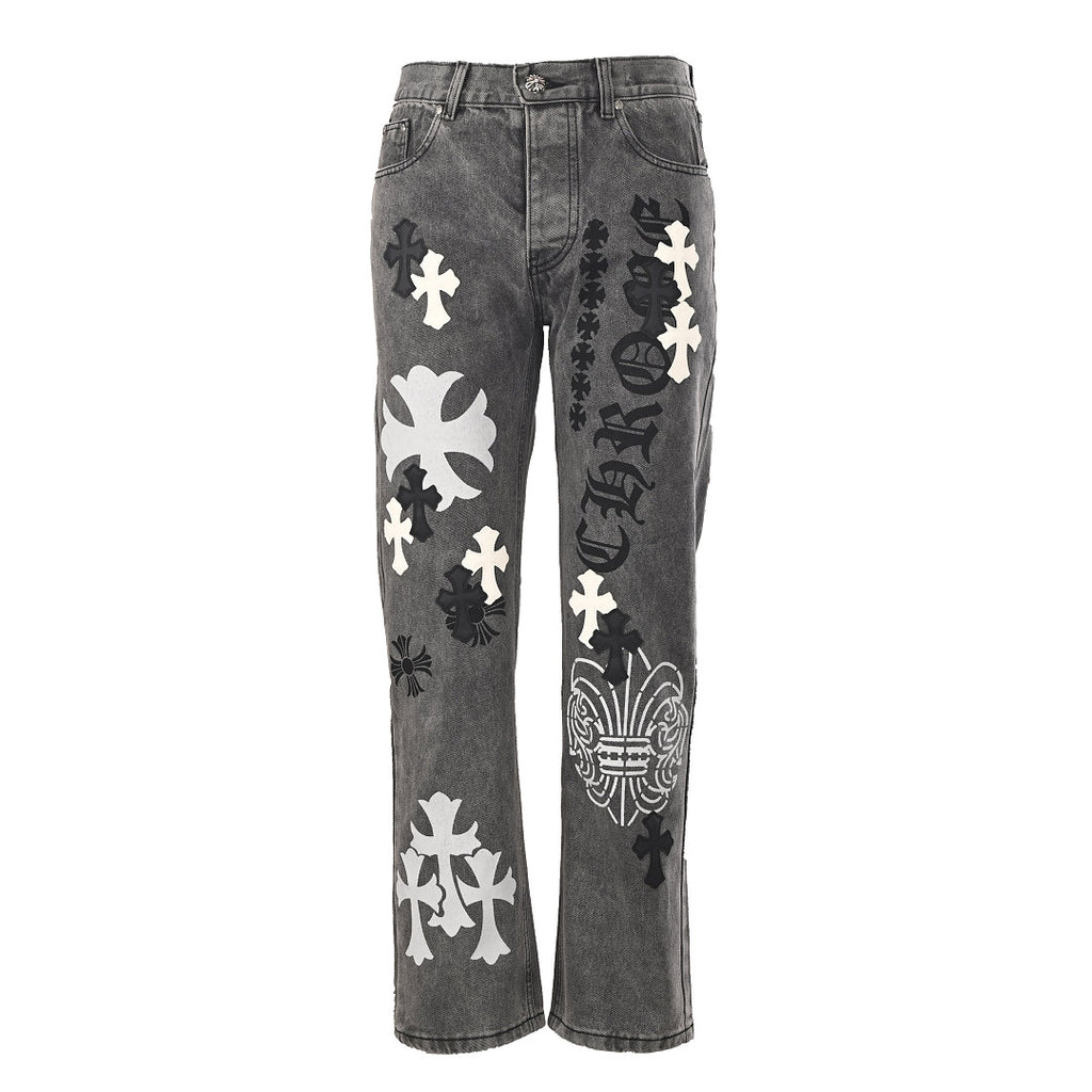 Chrome Hearts Cross Patch Embroidery Jeans - Gray with Black and White - front view