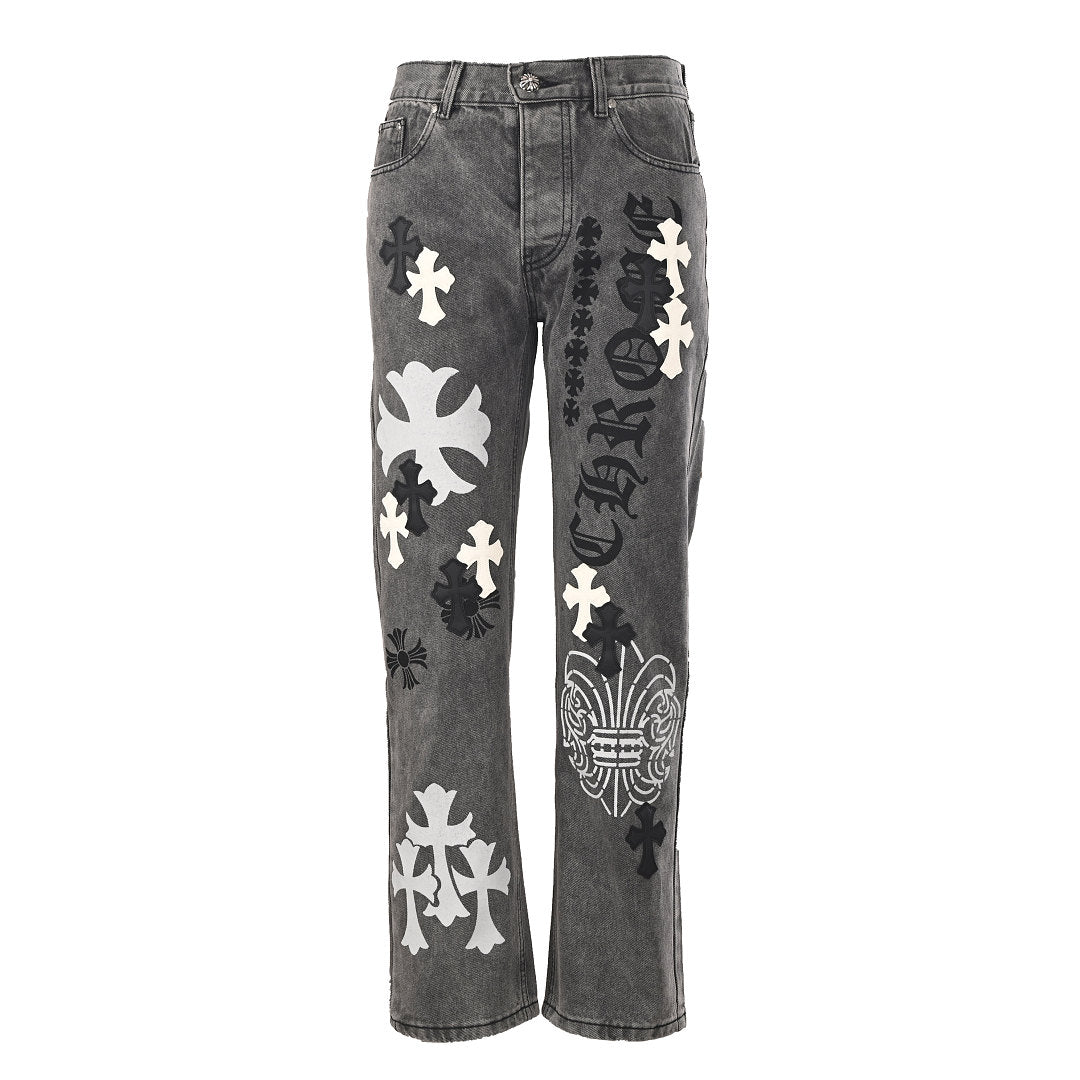 Chrome Hearts Cross Patch Embroidery Jeans - Gray with Black and White - front view