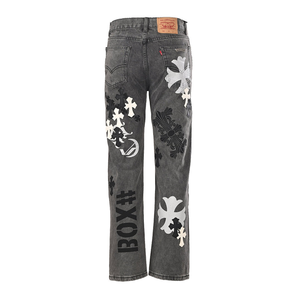 Chrome Hearts Cross Patch Embroidery Jeans - Gray with Black and White - back view