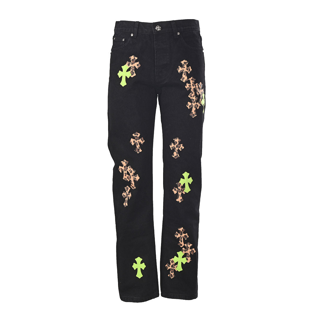 Chrome Hearts Cross Patch Embroidery Jeans - Black and Neon Green - front view