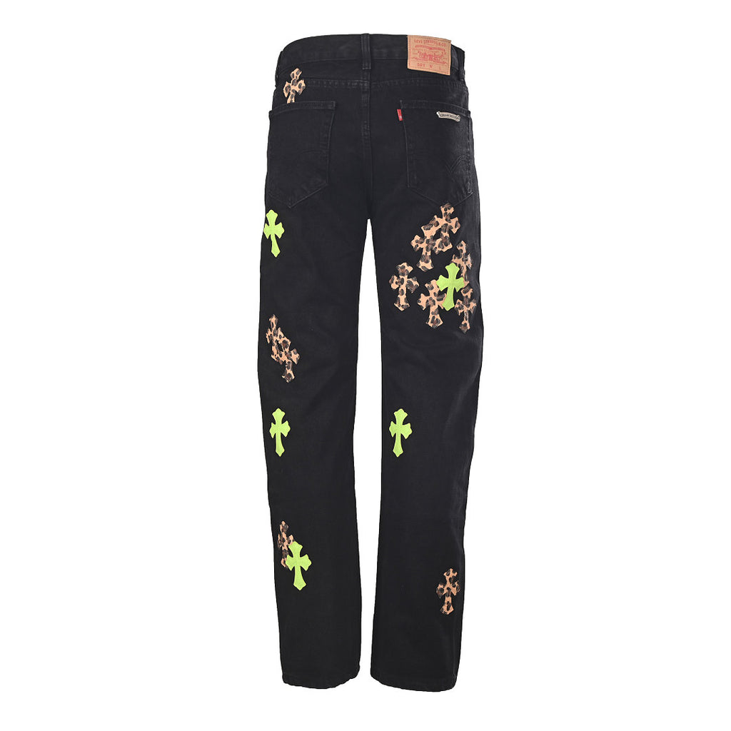 Chrome Hearts Cross Patch Embroidery Jeans - Black and Neon Green - back view