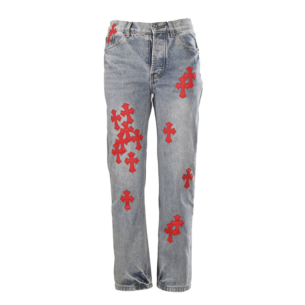 Chrome Hearts Cross Patch Embroidery Jeans - Light Blue with Red - front view