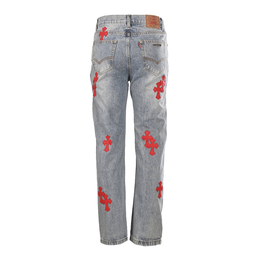 Chrome Hearts Cross Patch Embroidery Jeans - Light Blue with Red - back view