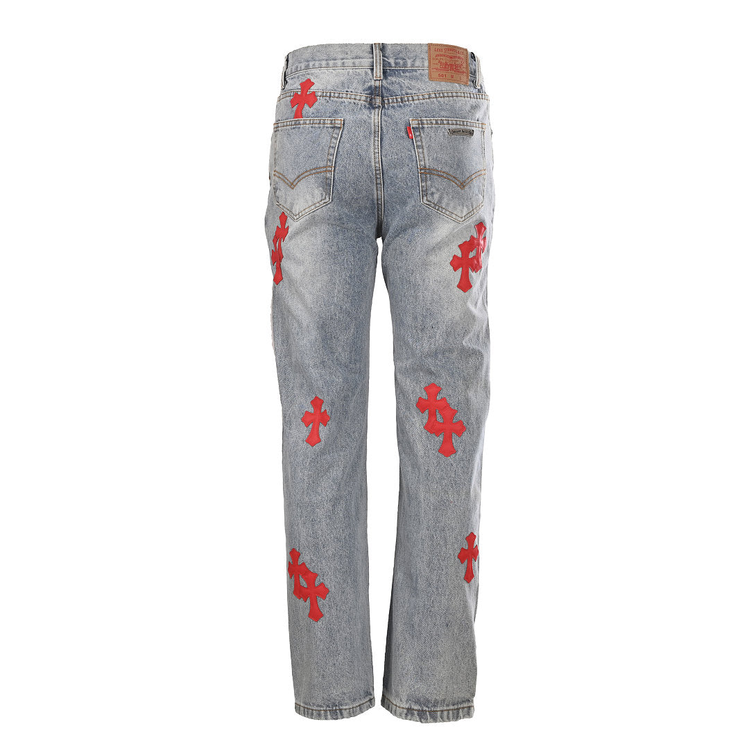 Chrome Hearts Cross Patch Embroidery Jeans - Light Blue with Red - back view